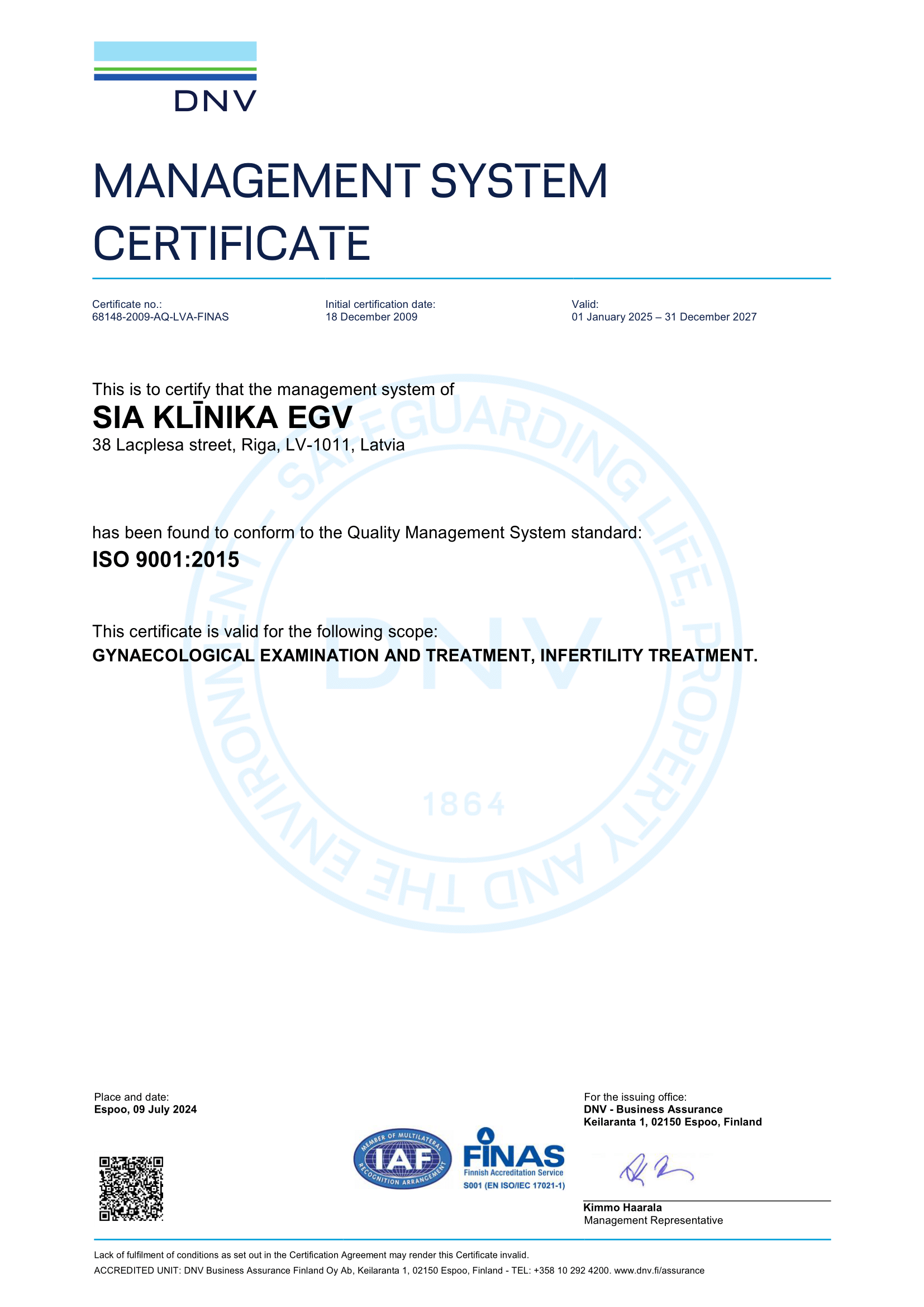 Klinika EGV ISO 9001:2015 quality certification badge